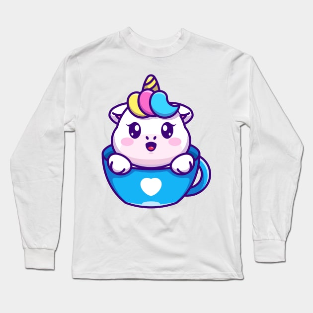 Cute unicorn on cup coffee cartoon Long Sleeve T-Shirt by Wawadzgnstuff